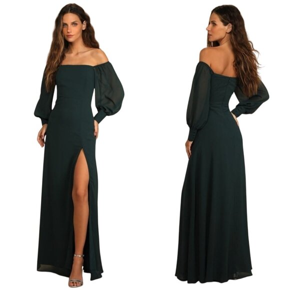 Lulus NWT Feel The Romance Emerald Green Off Shoulder Maxi Dress Size XS - Picture 1 of 16